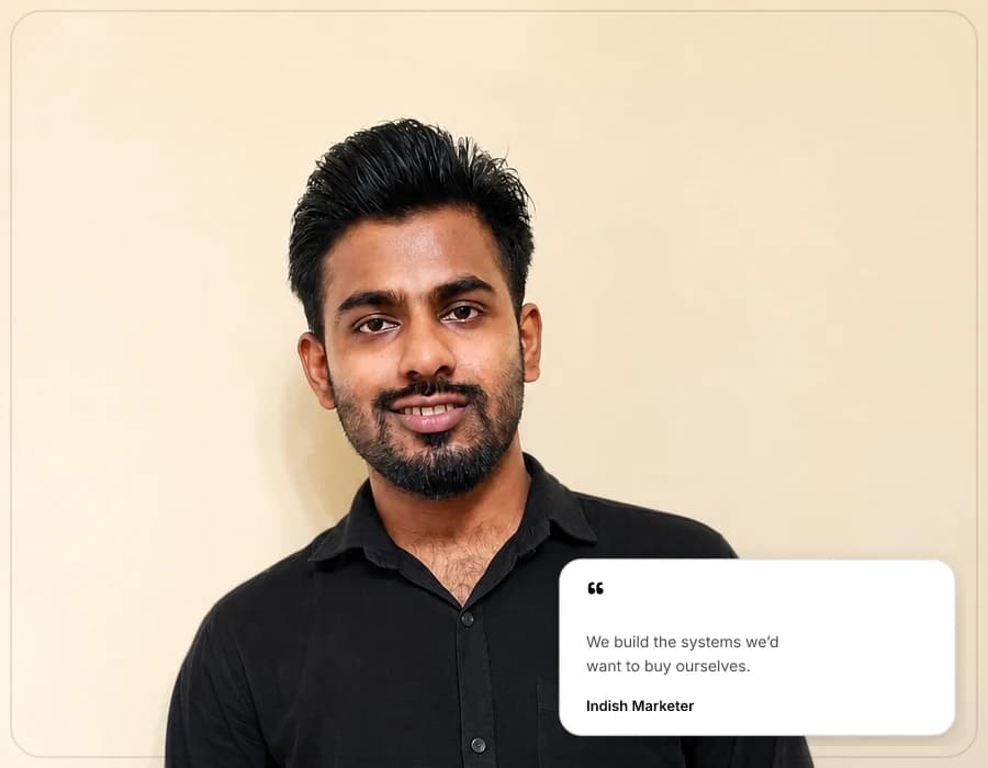 Indish Marketer founder, with a quote card