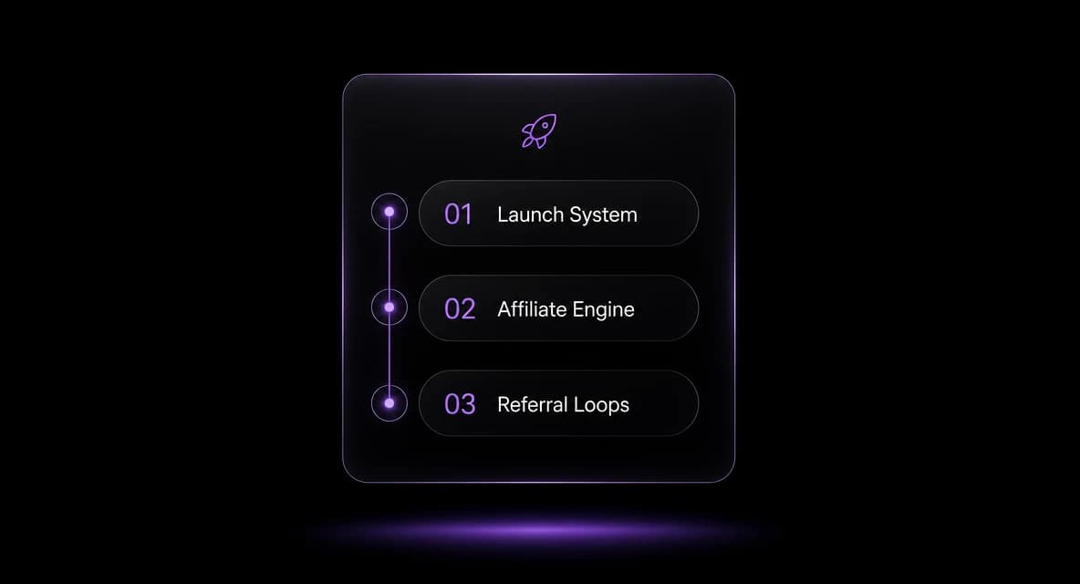 Minimalist dark product marketing card showing three course modules: Launch System, Affiliate Engine, and Referral Loops