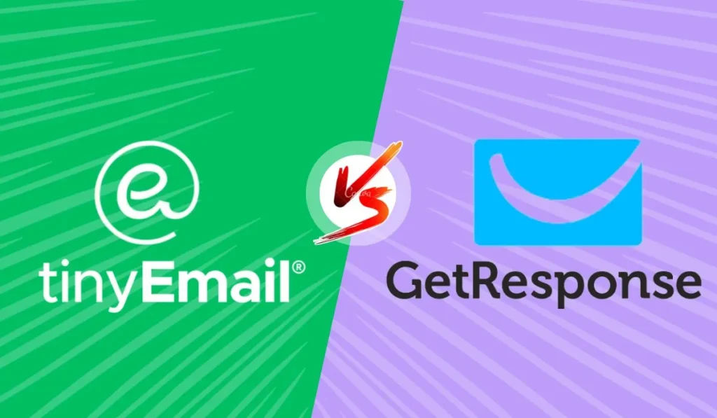 This image shows a comparison between TinyEmail vs GetResponse. The TinyEmail logo is on the left and the GetResponse logo is on the right. In the middle, there is a 'vs' sign indicating a comparison between the two email marketing platforms.