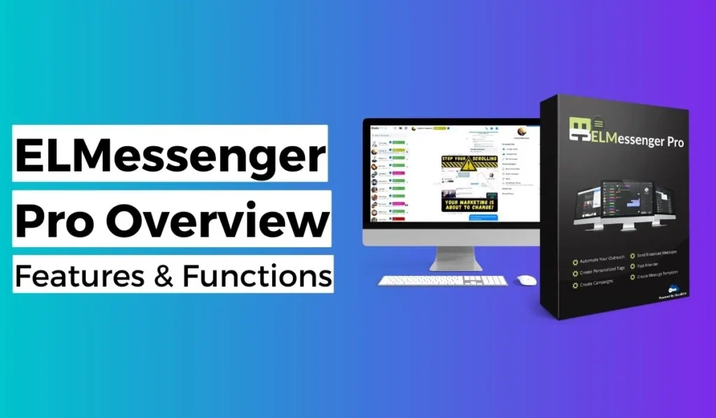 Mockup representation of the ELMessenger Pro dashboard, with the text 'ELMessenger Pro Overview: Features & Functions' on the left side of the image.