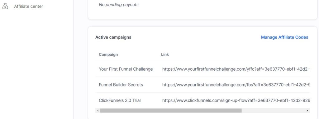 Screenshot of ClickFunnels 2.0 Affiliate Center displaying active campaigns with available affiliate links, demonstrating the process to obtain a ClickFunnels affiliate link
