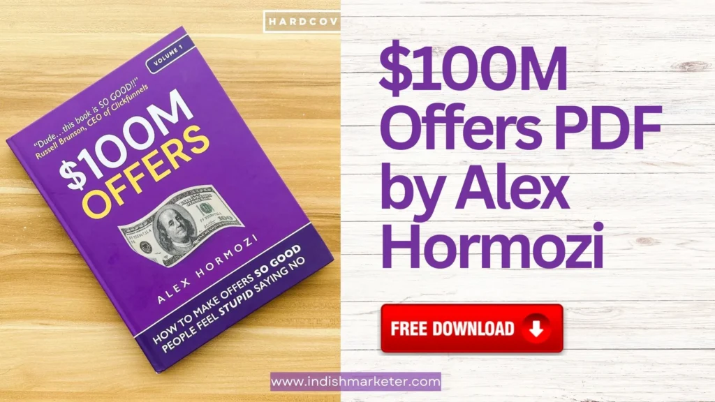 A book cover with a purple color, wooden background and Purple text that reads “100M Offers: How to Make Offers So Good People Feel Stupid Saying No” by Alex Hormozi. The book title is partially covered by a yellow sticker that says “Free Book (Just Cover Shipping)”. Below the book cover, there is a text that says “100m Offers Alex Hormozi PDF”.
