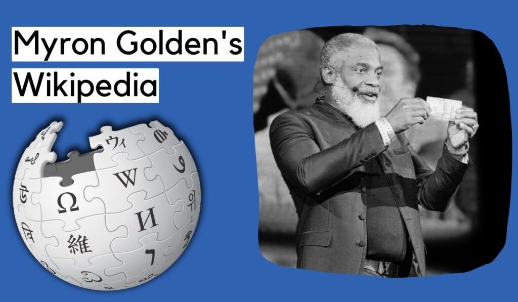 mage of Myron Golden on the right. Above is the text 'Myron Golden Wikipedia' with the Wikipedia logo below.
