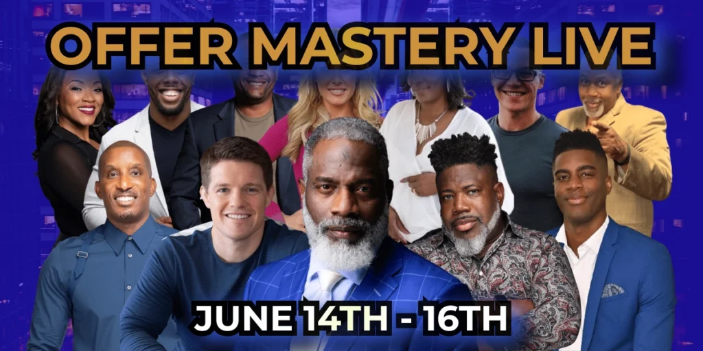 Myron Golden, Russell Brunson, Dan Henry, and other entrepreneurs at Offer Mastery Live event. The text "Offer Mastery Live Review" is positioned at the top of the image, and the text "June 14th - 16th" is positioned below the image.