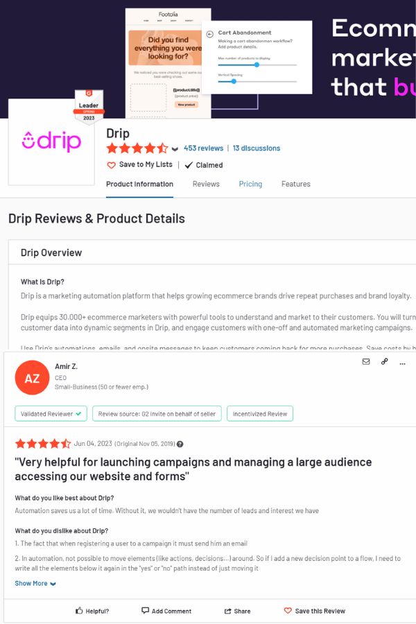 This is a screenshot of the customer reviews given for Drip on G2.