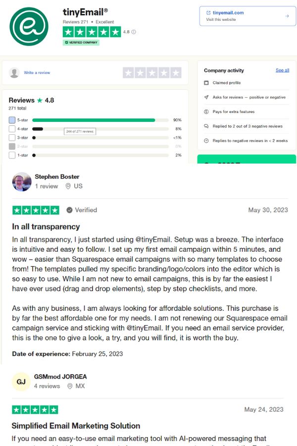 This is a screenshot of the customer reviews given for TinyEmail on Trustpilot.