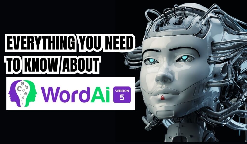 A logo of WordAi, an AI text rewriter, with a list of 11 keywords related to its features and benefits: wordai coupons, wordai tool, wordai alternative, wordai vs quillbot, wordai rewriter, wordai free, wordai free alternative, wordai alternatives, wordai free trial, wordai pricing, and wordai api. Next to the logo, there is an image of a robot face with a smile.