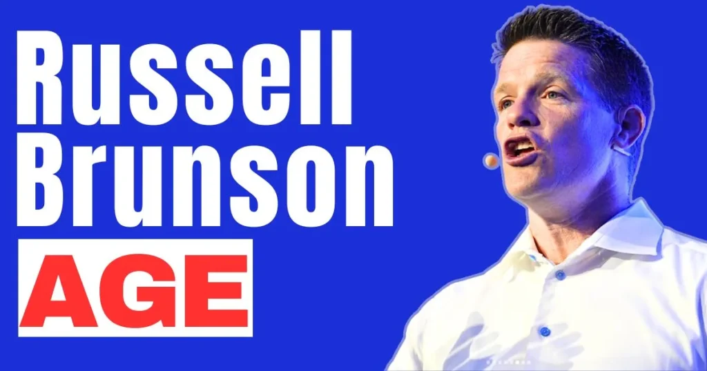 Contains text "Russell Brunson Age". Blue background and on the right there is an image of Russell Brunson
