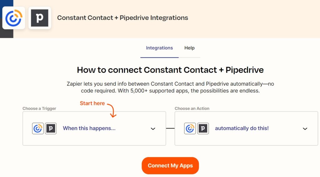 This screenshot shows the zap of Pipedrive and Constant Contact Integration and Choose a trigger and an action.