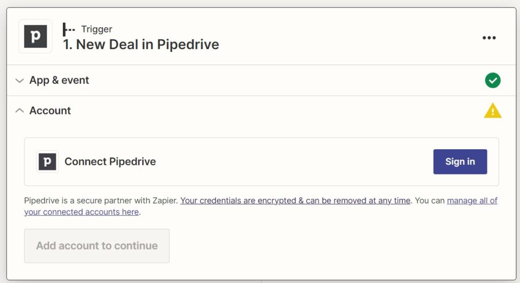 This screenshot shows how to connect Pipedrive and Constant Contact accounts through Zapier
