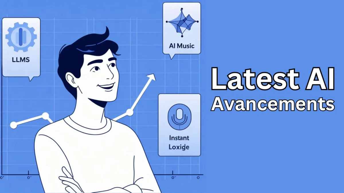 A person with a smile on face stands in front of a blue graph that shows the progress of three open-source projects: LLMS, AI Music, and Instant Text to Speech and Latest AI Advancements