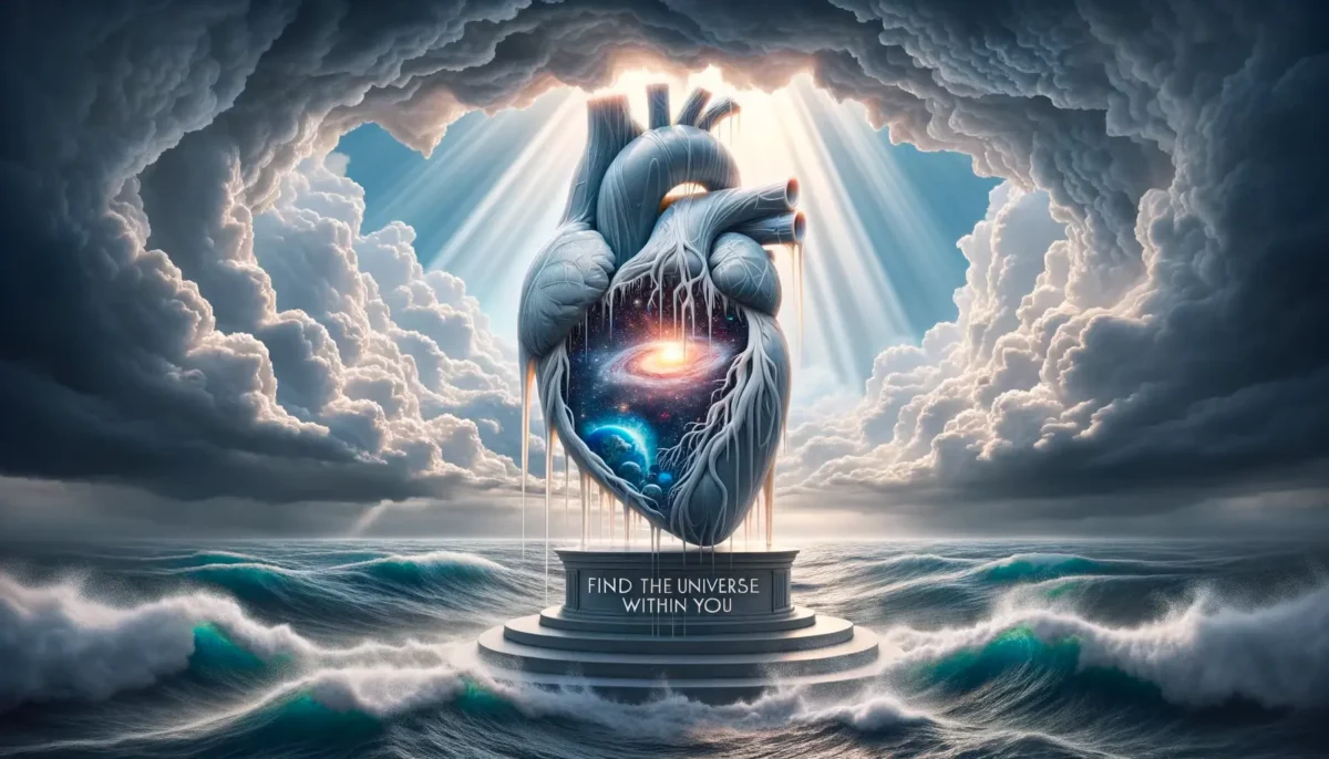 DALL-E 3 prompt: An illustration of a human heart made of translucent glass, standing on a pedestal amidst a stormy sea. Rays of sunlight pierce the clouds, illuminating the heart, revealing a tiny universe within. The quote 'Find the universe within you' is etched in bold letters across the horizon.