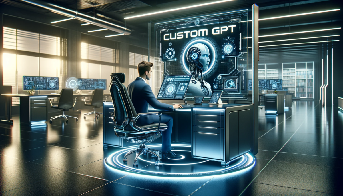 an depicting a man seated at a desk in a futuristic office, engaged with an AI computer. The computer screens in both images display the text "Custom GPT" and a stylized robot logo, set in a high-tech environment that emphasizes the integration of AI technology in everyday life. These images are designed in a 16:9 aspect ratio, offering a glimpse into a world where technology and AI are a central part of daily activities.