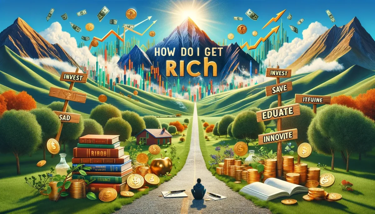 An inspirational image depicting the concept 'How Do I Get Rich AF_' for a blog post. The image includes a path leading to a mountain peak symbolizing.