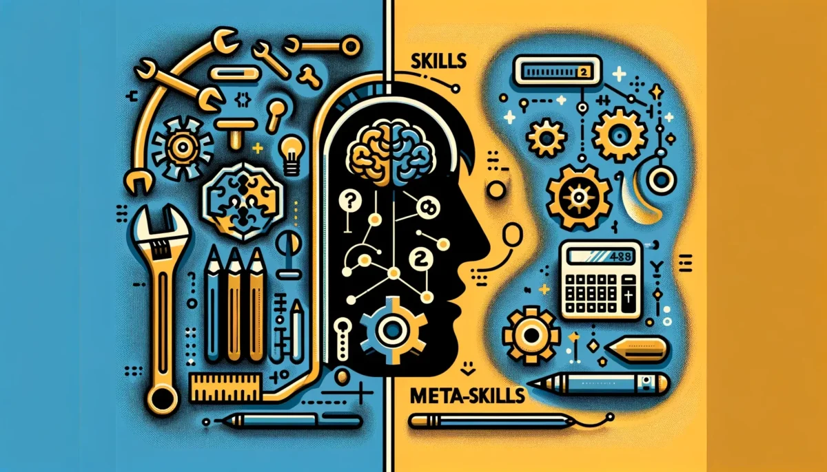 An educational and conceptual image for a blog post titled 'Difference between Skills and Meta-skills'. The image features two distinct sections.