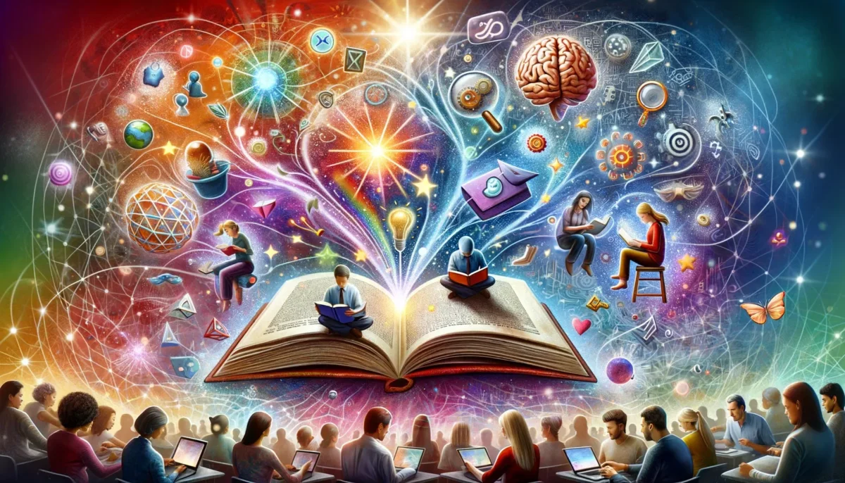 A stimulating and vibrant image for a blog post about 'Learning'. The image depicts an open book with magical elements like light and symbols.