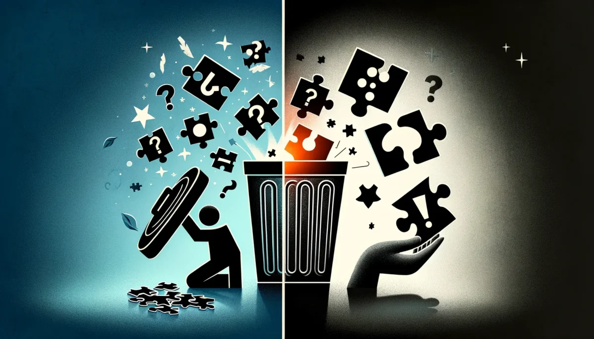 A conceptual and contrasting image for a blog post titled 'Deleting vs. Solving Problems'. The image is split into two halves. 
