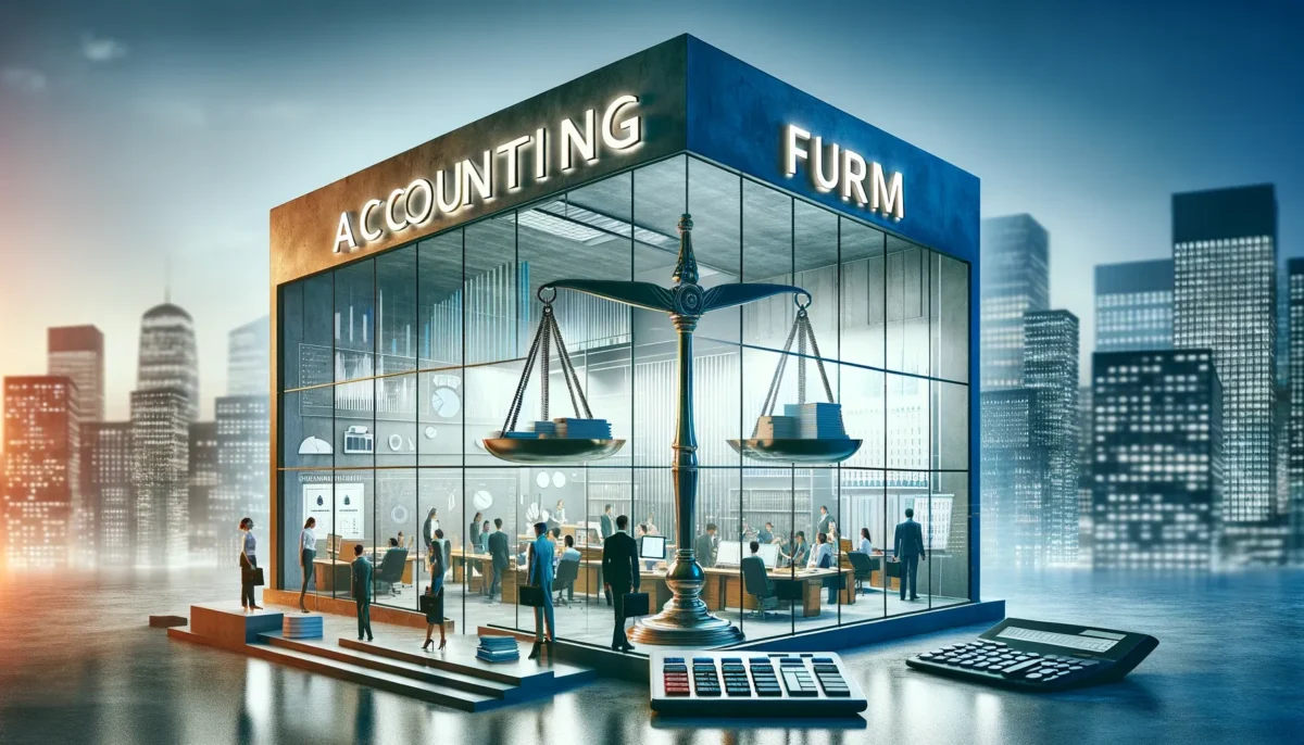 A professional and impressive image for a blog post titled 'Great Accounting Firm'. The image features a sleek and modern office building with the word.