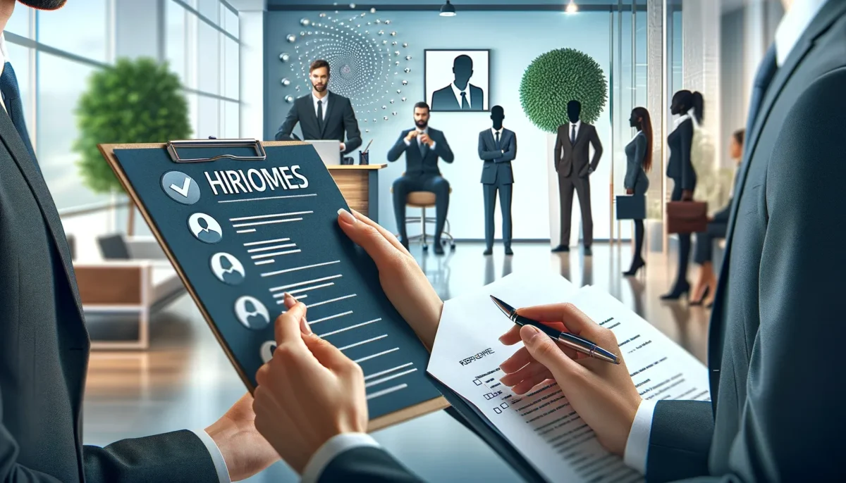 A corporate and engaging image for a blog post titled 'Hiring Employees'. The image illustrates a professional hiring process, featuring a diverse group of employees.