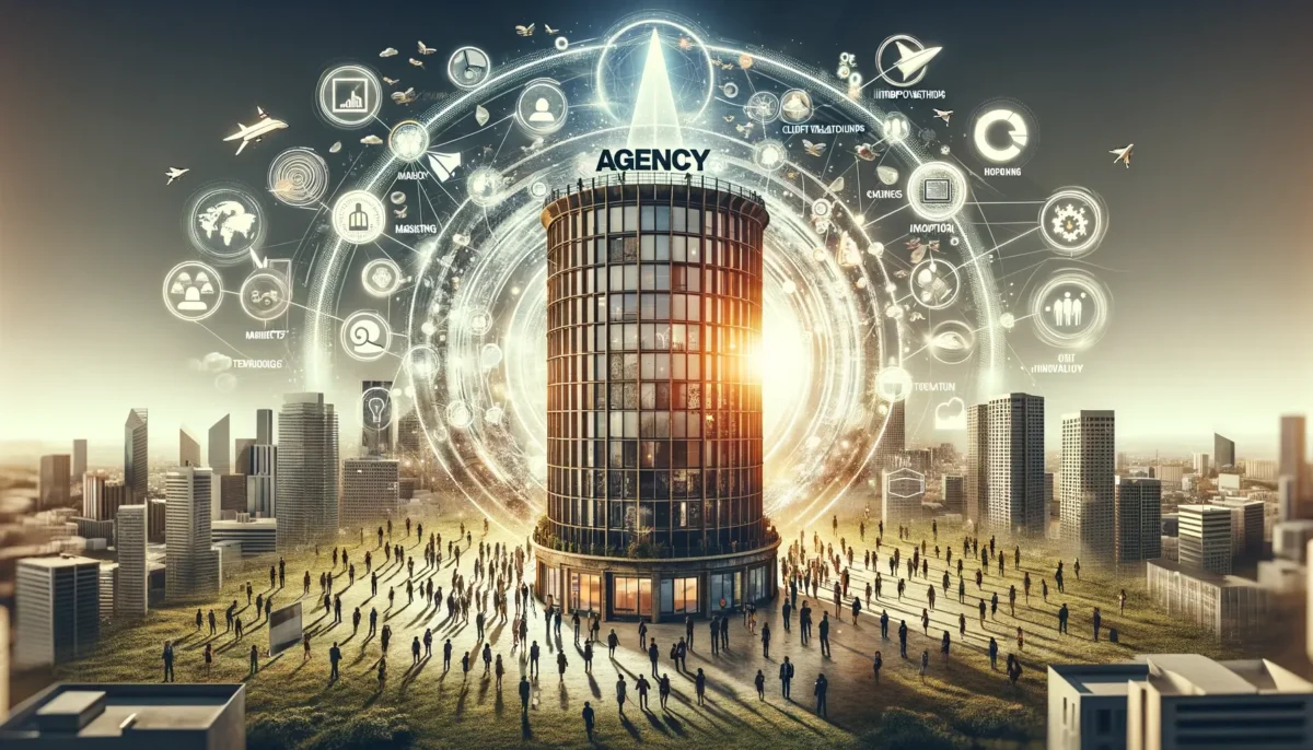 A strategic and powerful image for a blog post titled 'How Agencies Become Irreplaceable'. The image showcases a central, towering structure labeled.