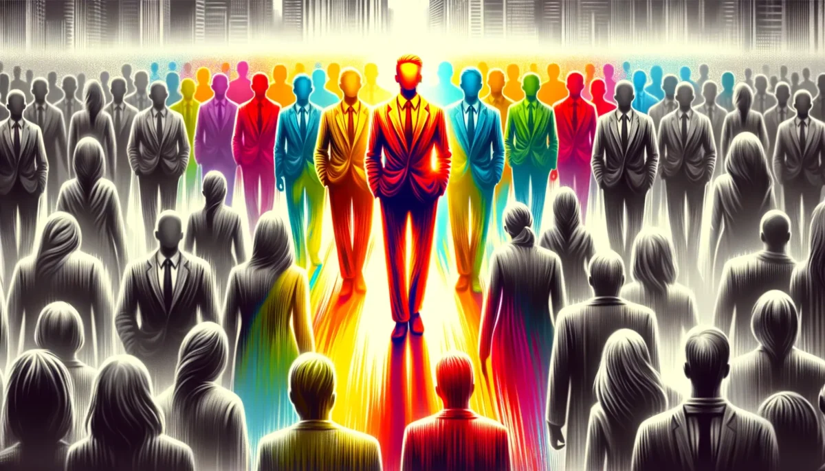 An inspiring and vibrant image for a blog post titled 'Standing Out'. The image portrays a crowd of similar looking figures in monochrome, with one.