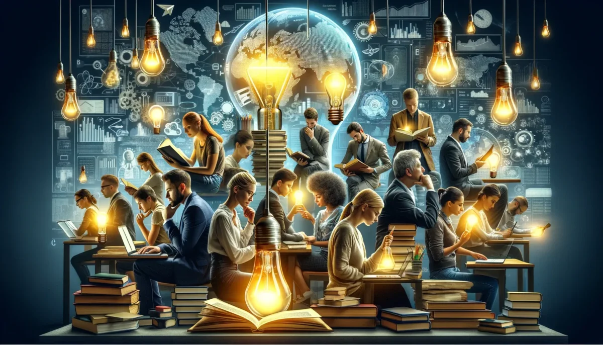 An intellectual and engaging image for a blog post about 'Knowledgeable People'. The image features a group of diverse individuals, each engrossed.