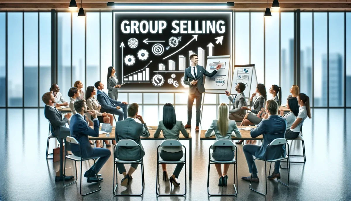 A lively and persuasive image for a blog post about 'Group Selling'. The image depicts a dynamic sales presentation being given to a group of people. 