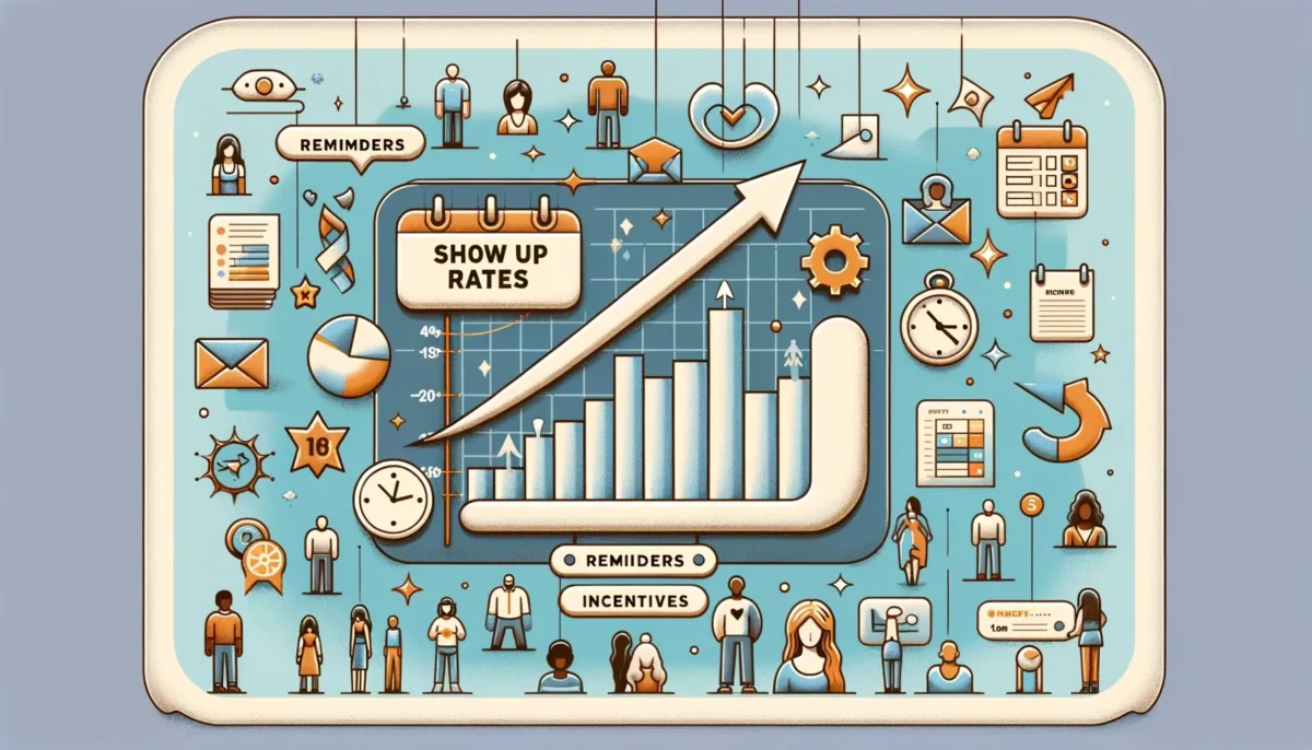 An informative and visually engaging image for a blog post titled 'Number 1 Reason Show Up Rates Change'. The image features a large, central graph.