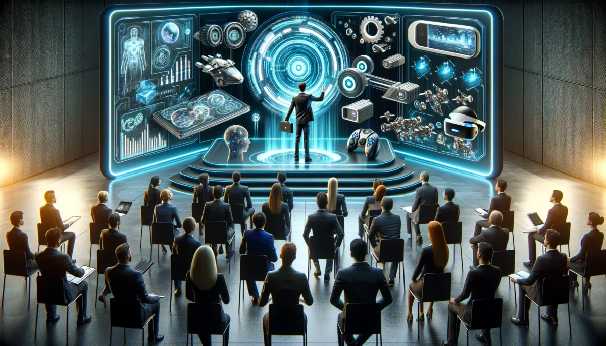 A futuristic and persuasive image for a blog post titled 'How to Sell Emerging Tech'. The image portrays a salesperson presenting cutting-edge technology.