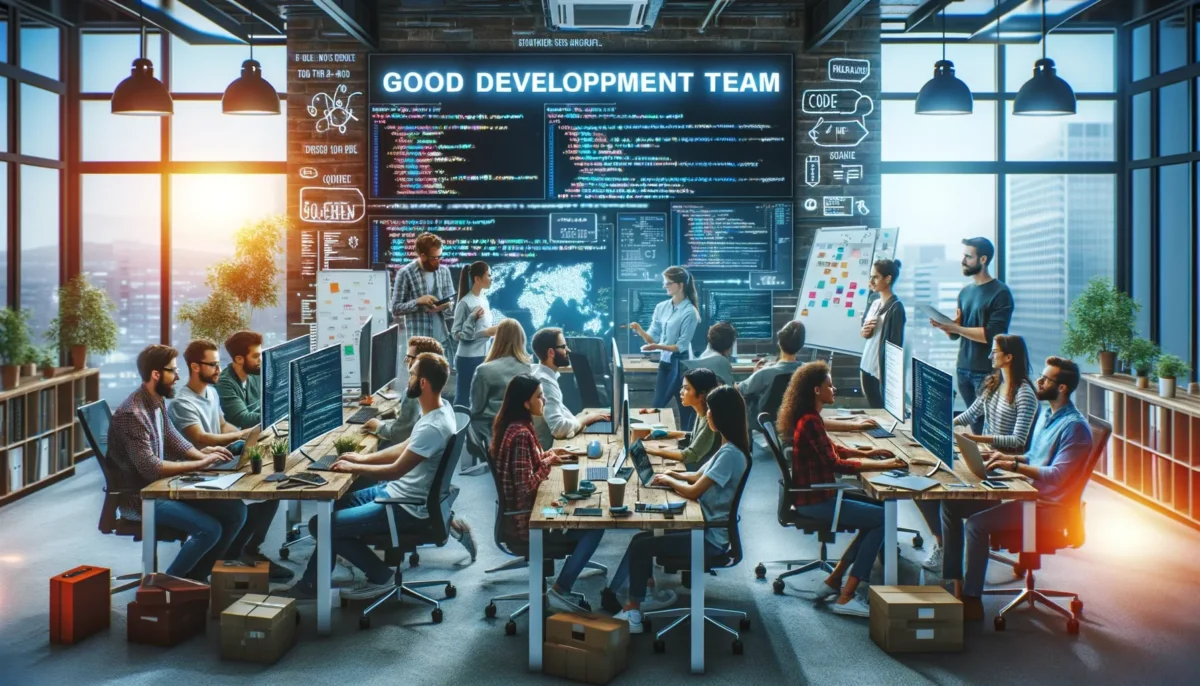 A collaborative and inspiring image for a blog post about 'Good Development Team'. The image shows a diverse team of developers working together.